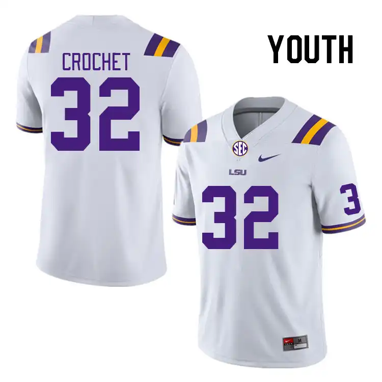 Youth LSU Tigers Kolton Crochet #32 White NCAA Football Jersey